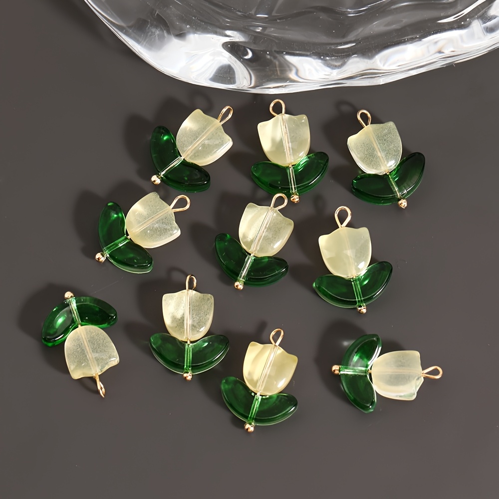10pcs Glass Tulip Flower Pendants with 3D Leaves Multicolor Necklace Charms